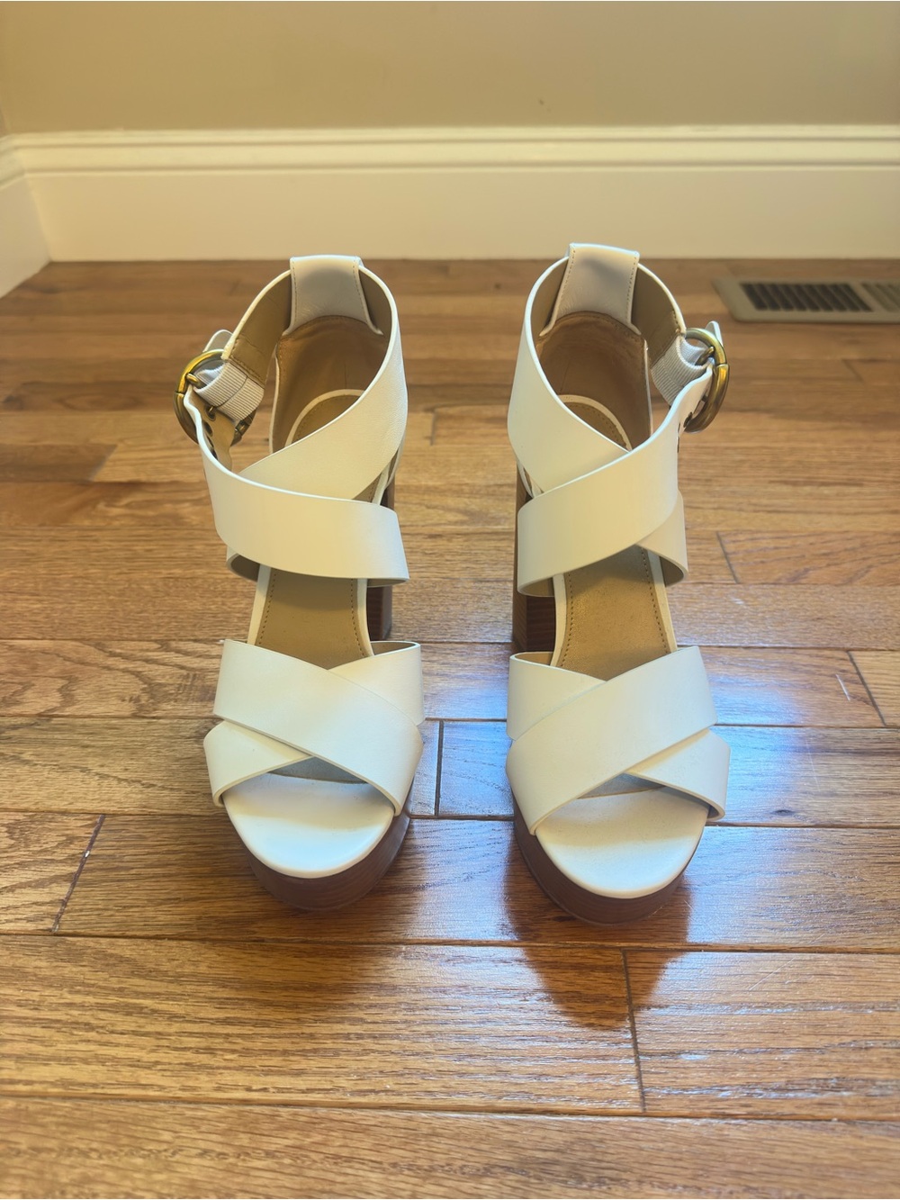 Michael Kors White Cross-Strap Platform Sandals with Gold Buckle